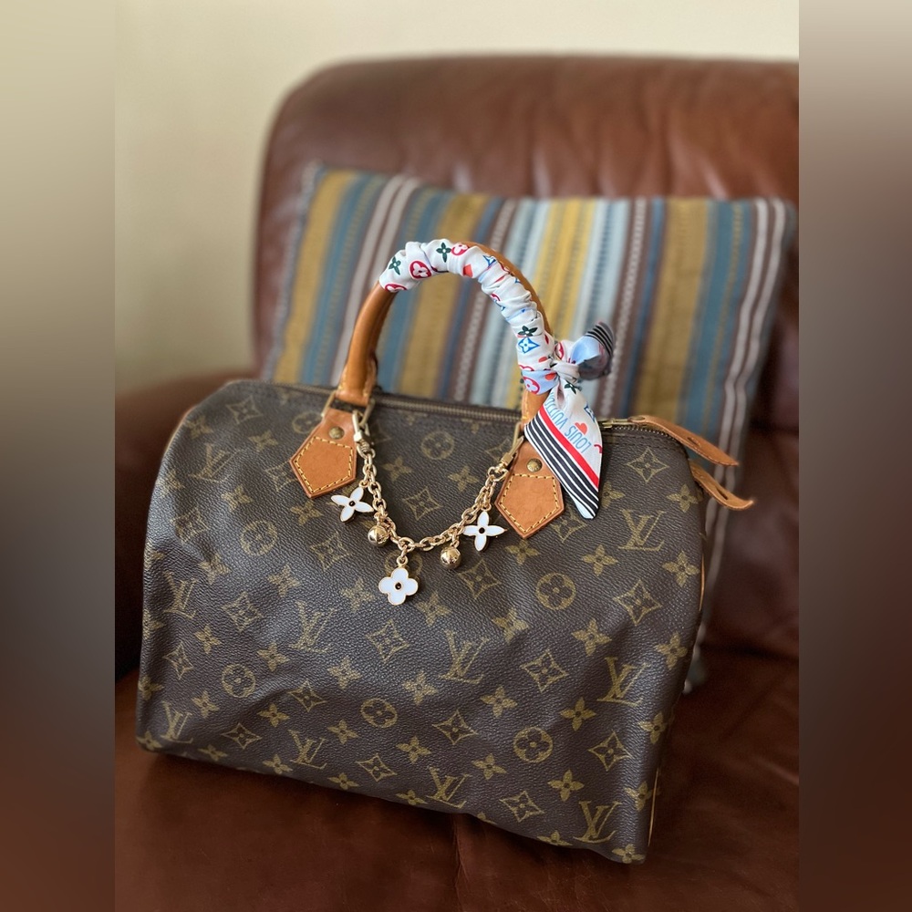 Louis Vuitton Monogram Canvas Satchel with Gold-Tone Charm and Multicolor Scarf